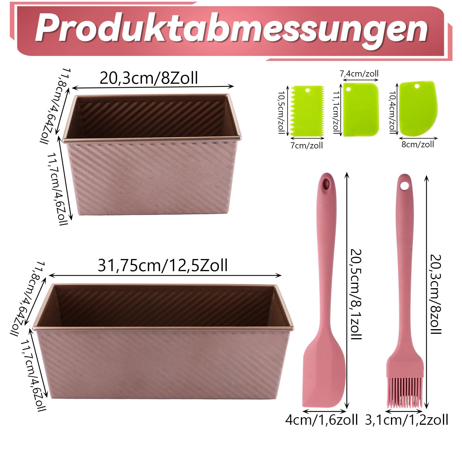 Lot de 2 Moule Pain de Mie avec Couvercle, 31.8x12x11.43cm und 21.6x12x11cm Moule a Pain de mie avec Couvercle Or rose, Inclus 1 Spatule en Silicone et 1 Pinceau en Silicone pour Toasts
