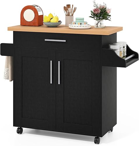 Miniatura 10 de Giantex Isla de cocina, carrito de cocina rodante con estante para especias y toallero, cajón grande y armario de almacenamiento de 2 puertas,
