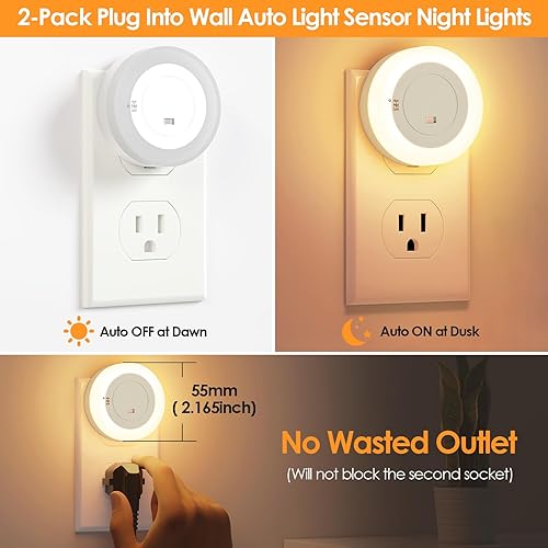 Miniatura 7 de FOLKSMATE Luz nocturna LED, regulable enchufable con sensor de luz del atardecer al amanecer, luces de pasillo, luz nocturna inteligente para baño,