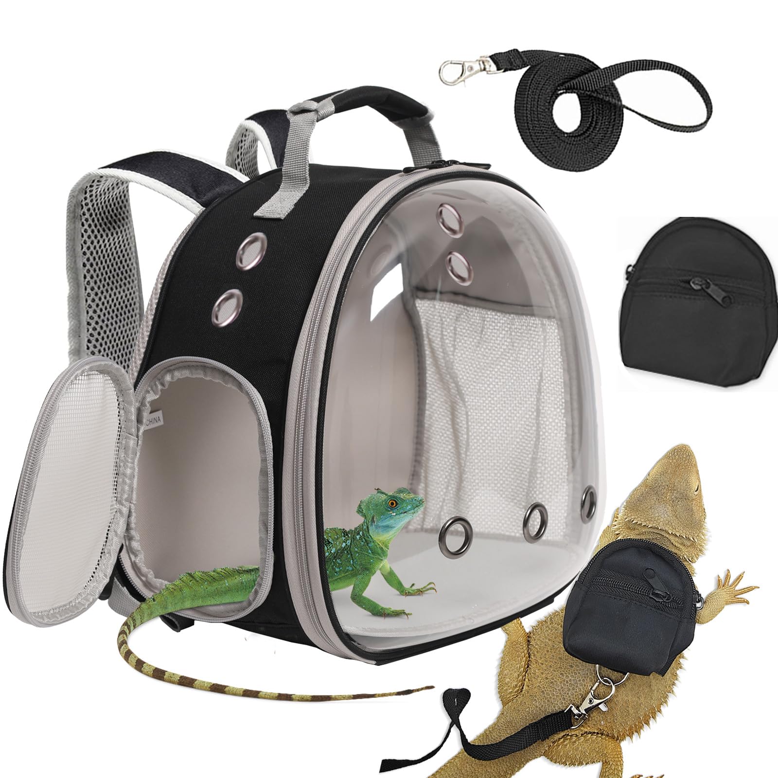 Desert Iguana Backpack Carrier,Bearded Dragon Portable Backpack Carrier with Small Backpack Harness Leash Set,Space Capsule Clear Bubble Window Travel