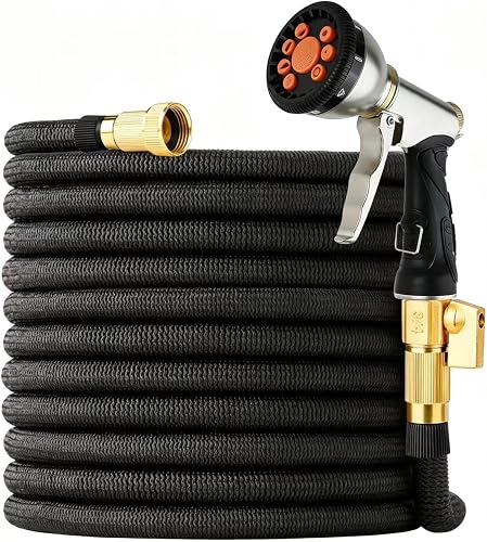 100FT Expandable Garden Hose,Lightweight&Flexible,Anti-burst Fabric | No-Kink,with 10-Function Spray Nozzle and 3/4" Solid Brass Fittings,Latex Core,Leak-Proof,for Yard,Lawn,Outdoor