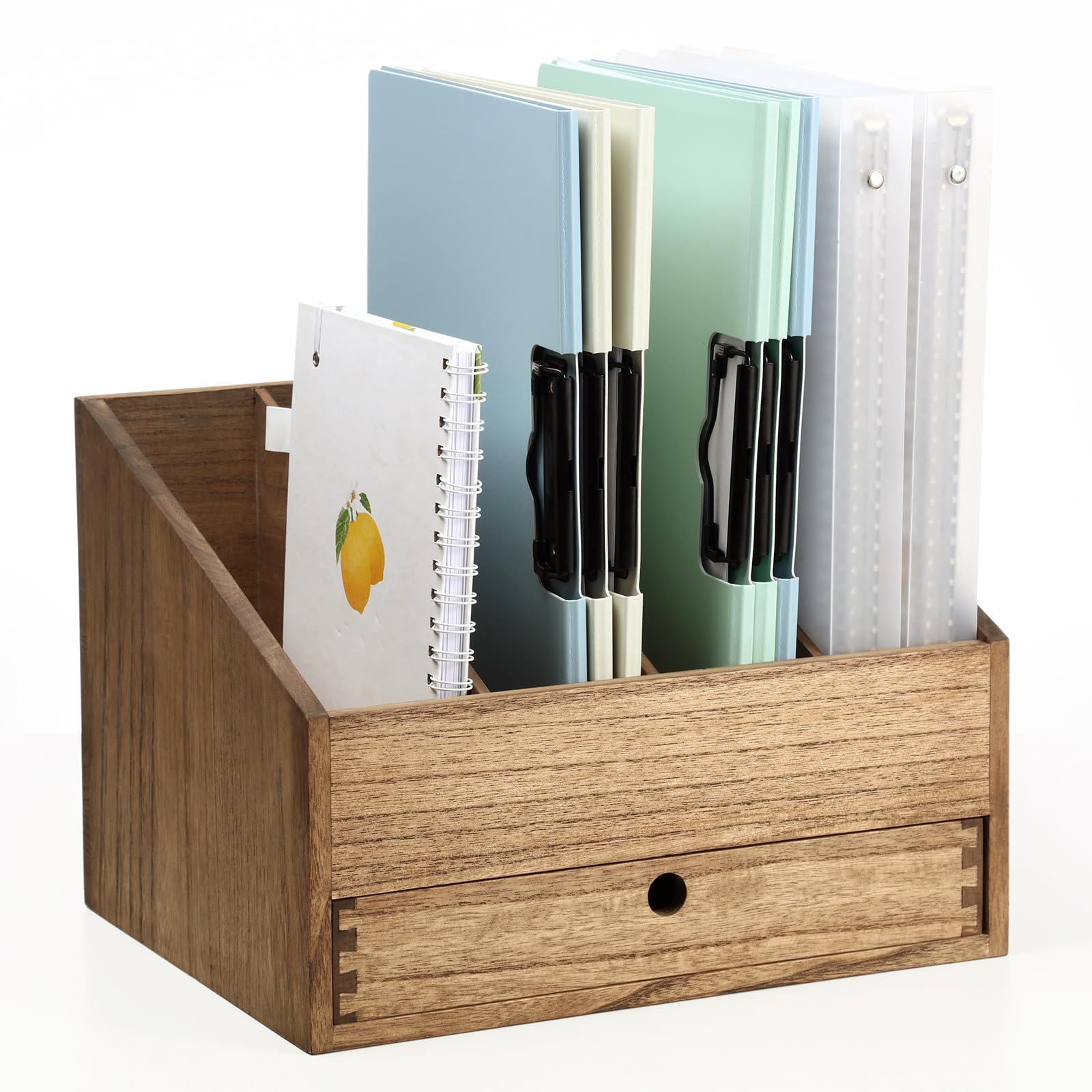KIRIGEN Wooden Desktop File Organiser with Drawer, 4 Compartments, Desk File Storage Manager, Wooden Folder Organizer for School and Office(4K-DBR)