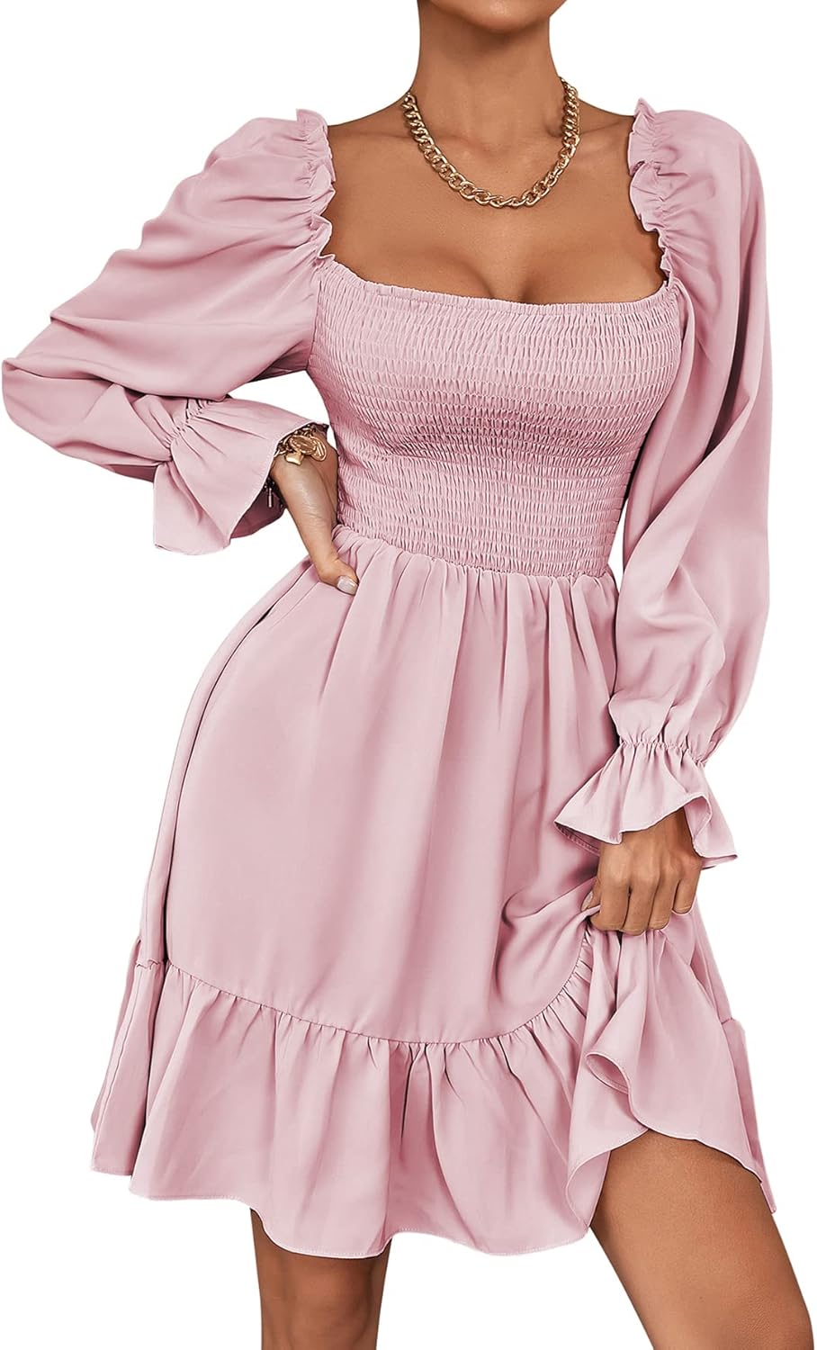 LYANER Women's Square Neck Lantern Long Sleeve Ruffle Shirred Flowy Party Mini Dress