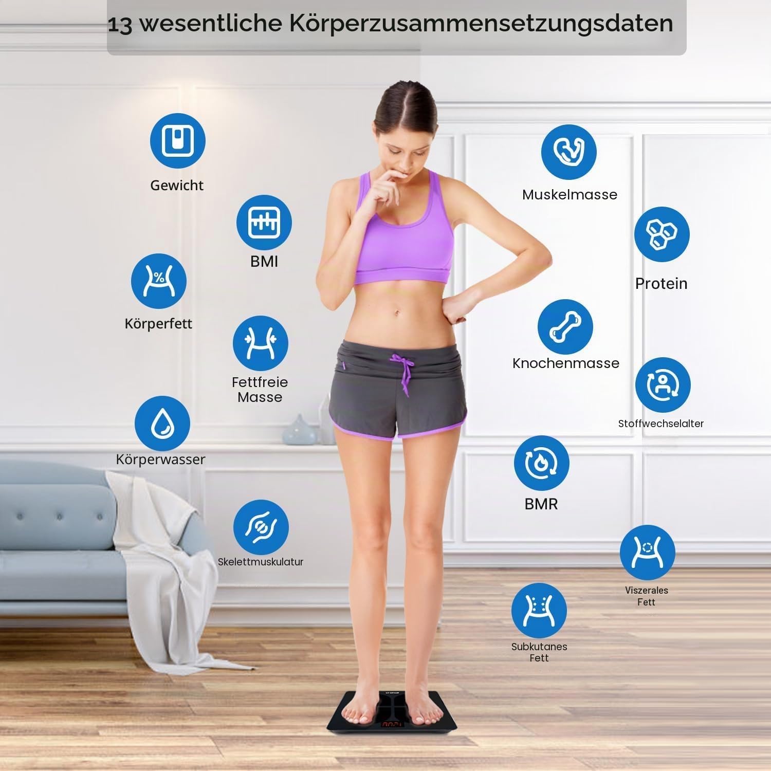 RENPHO Elis 1 Körperfettwaage, Bluetooth Personenwaage USB Wiederaufladbare Körperanalysewaage mit App, Smart Körperwaage für Körperfett, BMI, Gewicht, Muskelmasse, Wasser, Protein