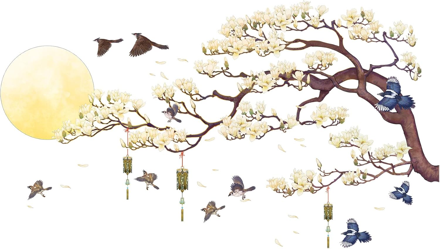 RW-4942 3D White Magnolia Tree Branches Flying Birds Wall Stickers Peel and Stick DIY Flowers Moon Wall Decals Removable Wind Chimes Birds Wall Murals for Kids Girls Offices Home Bedroom Decaoration