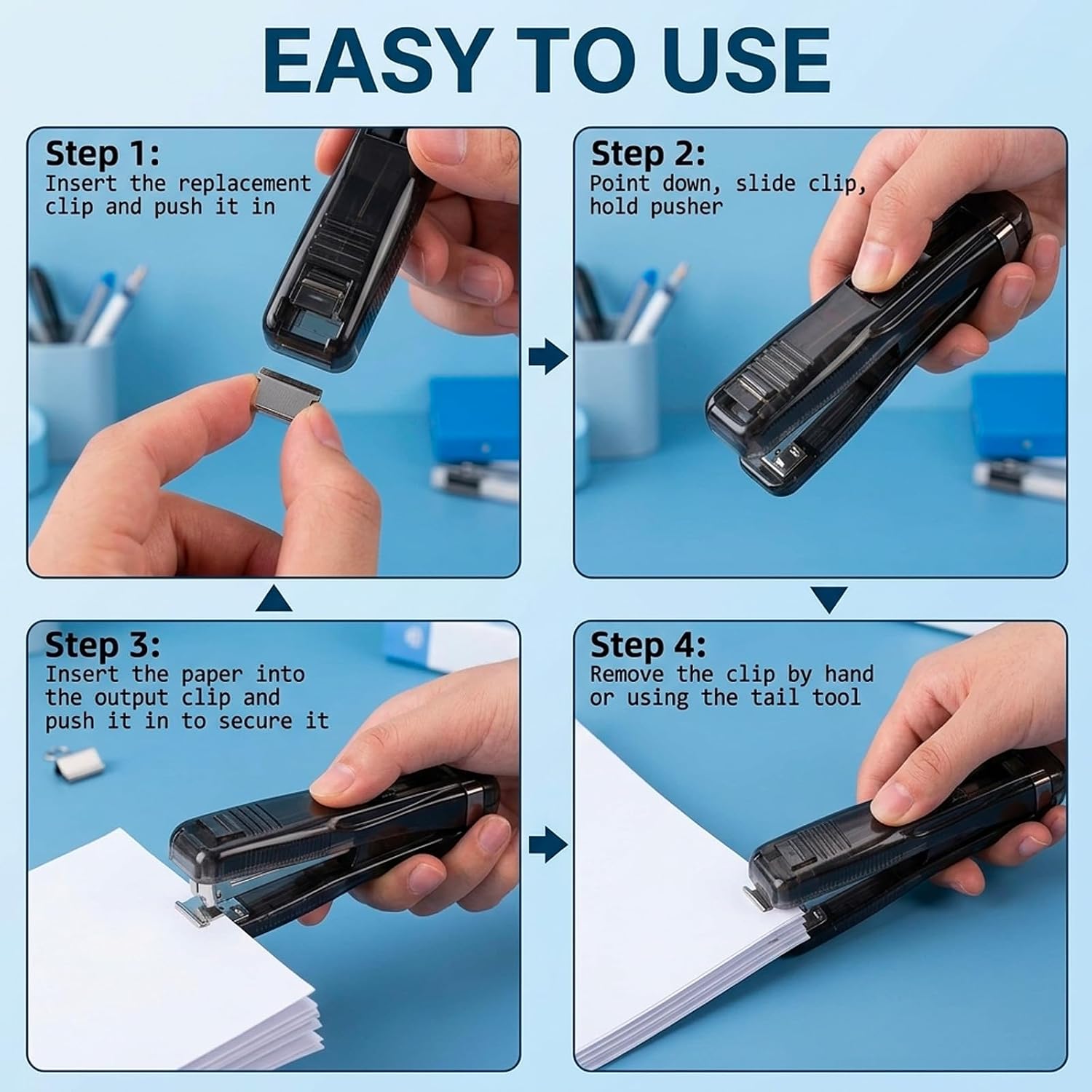 2 Pcs Portable Binder Clip Stapler - Includes 100 Reusable Clips, Stapleless Stapler for Binding Homework and Organizing Documents, Compact Paper Clamp Dispenser for Office and School Use image 3