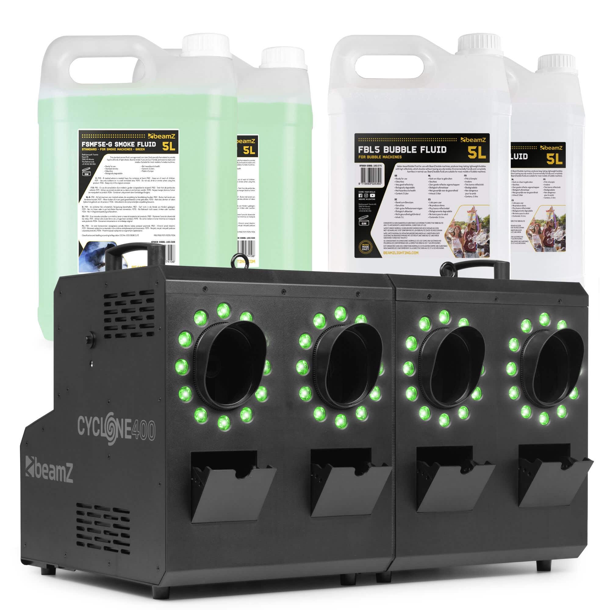 BeamZ Cyclone400 Seifenblasenmaschine mit Nebel & LED mit 20 Liter Fluid – Nebelmaschine mit 24 RGBW LEDs – Smoke Bubble Machine, DMX & Fernbedienung, Seifenblasen Maschine für Partys & Events