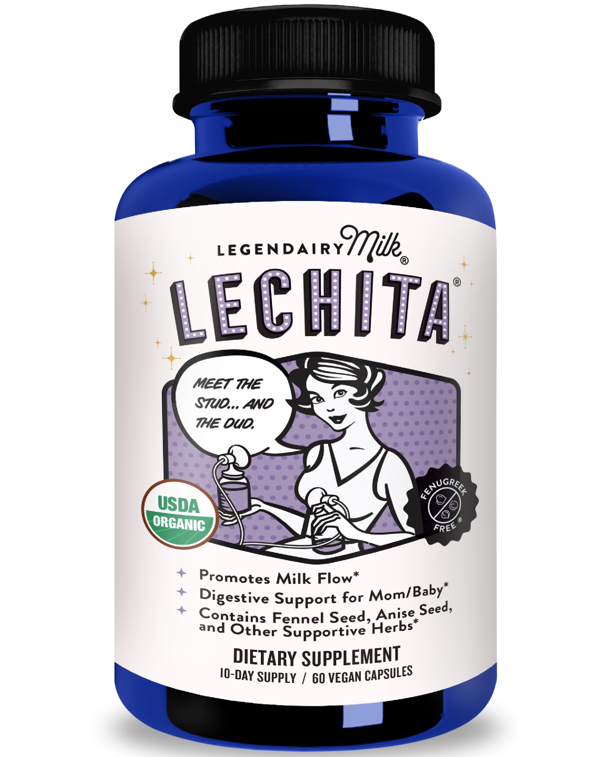 Lechita, Supports Milk Flow, Organic Fenugreek Free Breastfeeding Supplement, Organic Fennel & Anise, Made in USA, 180 Vegan Capsules