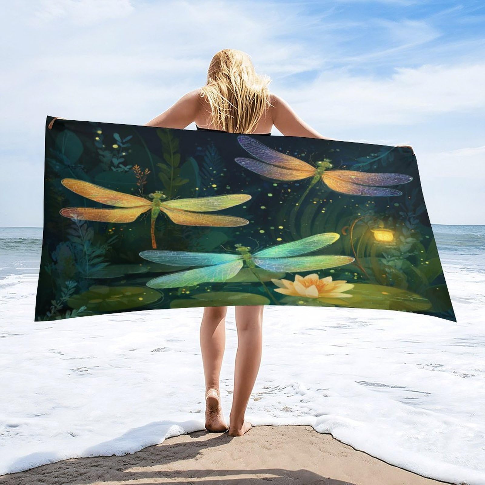 Luyysky Beautiful Funny Animal Dragonfly Absorbent Beach Towel, Japanese Watercolor Starry Sky Galaxy Plant Lotus Floral Outdoor Single-Sided Velvet Beach Towel-80 W Cm X 160" L Cm