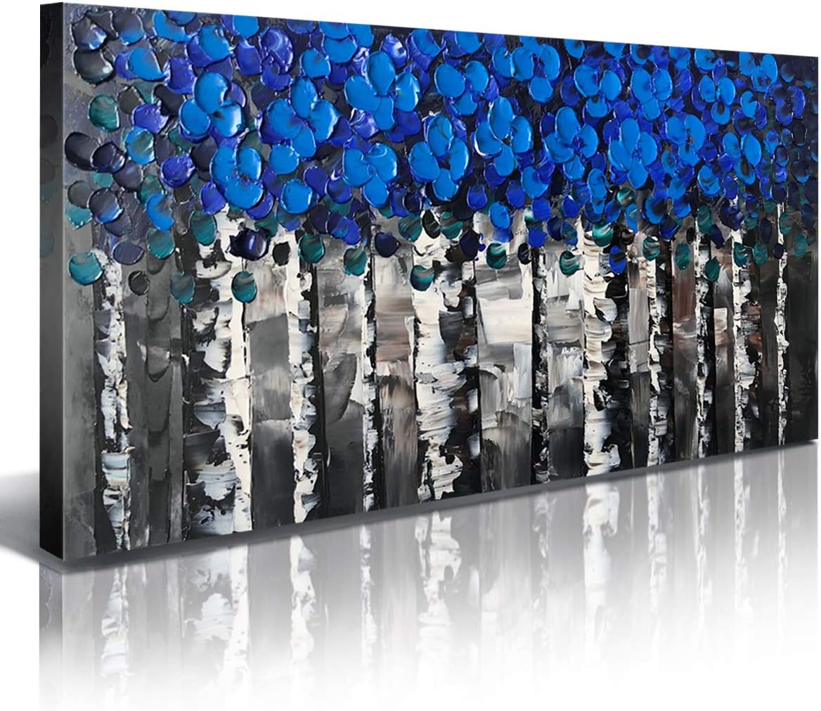 100% Hand Painted Black & Blue Leaves Flower White Birch Forest Oil Paintings Home Wall Decor Canvas Art Modern Contemporary Abstract Landscape Trees Hand-Painted Decoration Living Room