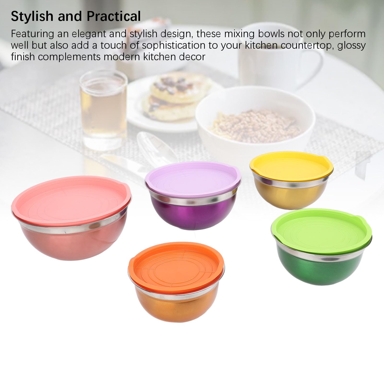 Set di 5 ciotole per insalata, in acciaio inox con coperchio, multiuso per verdure, frutta, insalata, uova, liquido (tipo 2)