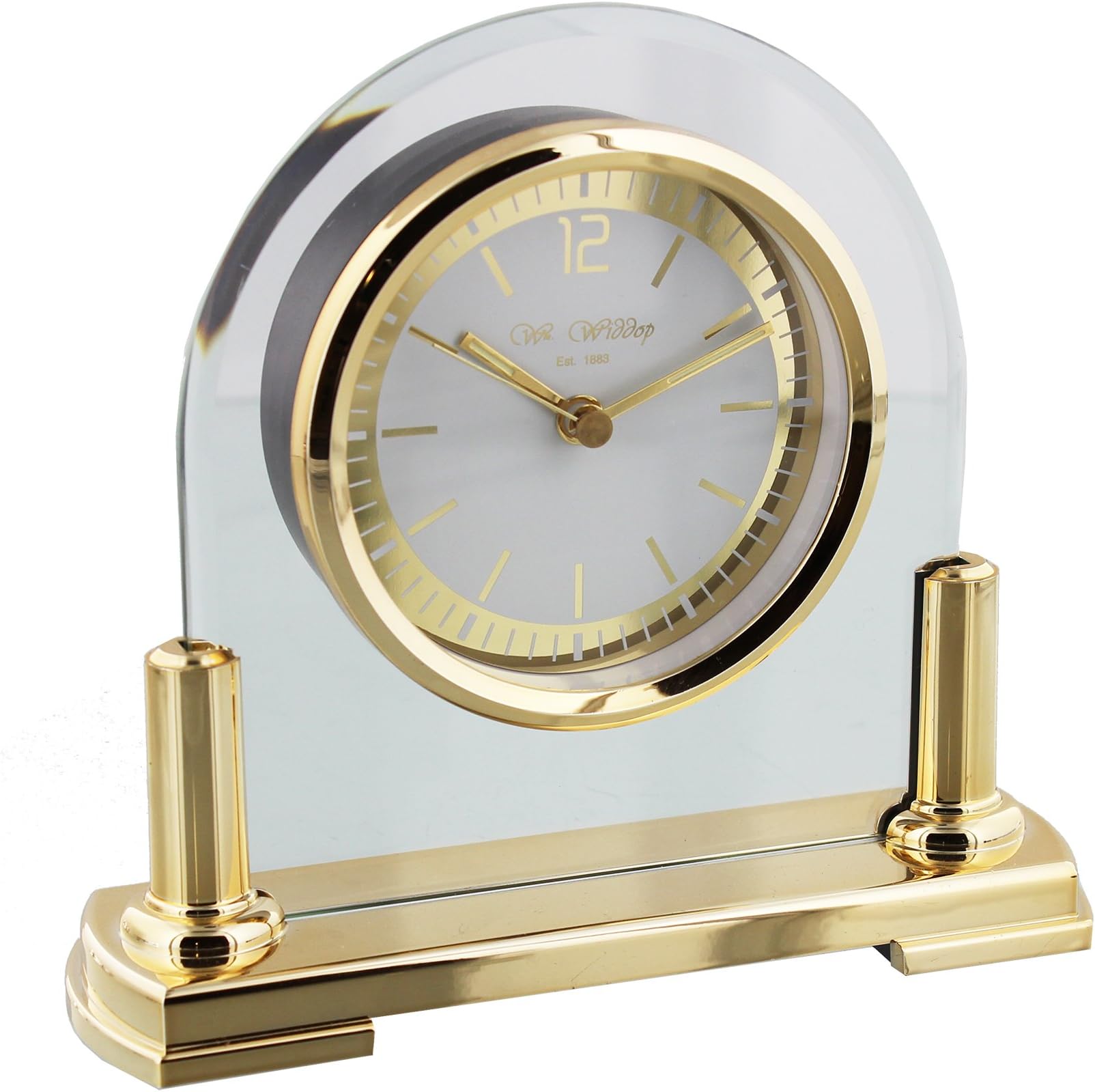 Wm Widdop Modern Stylish Glass & Brass Two Tone Quartz Arched Design Mantel Clock