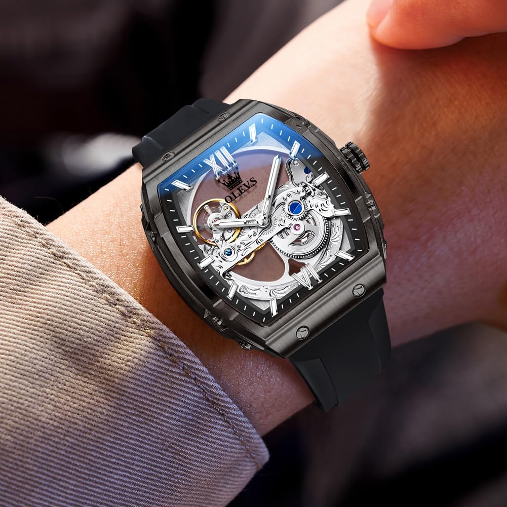 OLEVS Herren-Armbanduhr, modisch, analog, Mechanische Silikon-Uhrenarmband für Herren, rechteckig, großes Zifferblatt, wasserdicht, Militäruhr,Skelettzifferblatt