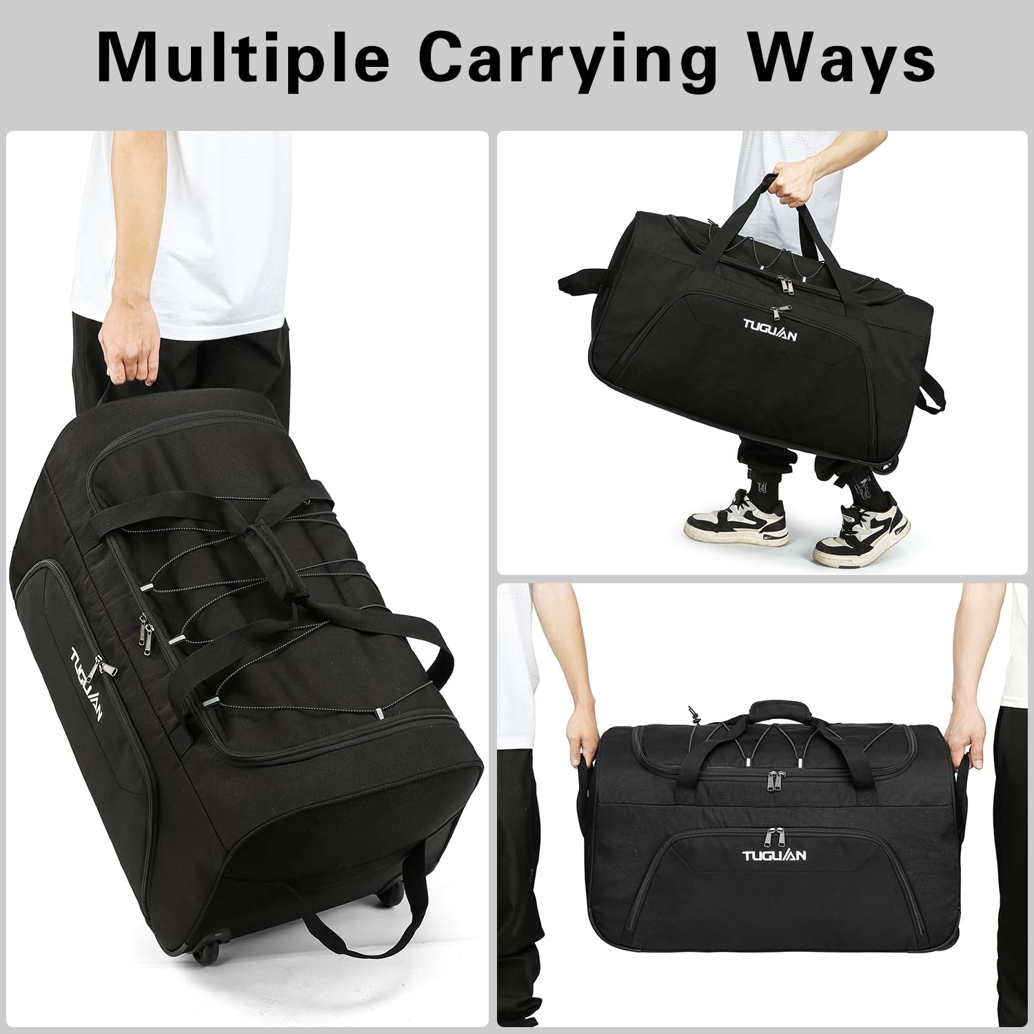 TUGUAN Sac de Voyage Pliable avec roulettes, Sac de Sport à roulettes de 110 L, Grande Sac de Voyage élastique, 71 cm de Large, Pliable et Pliable pour Voyage, Camping, Grand - Noir, 28 inch