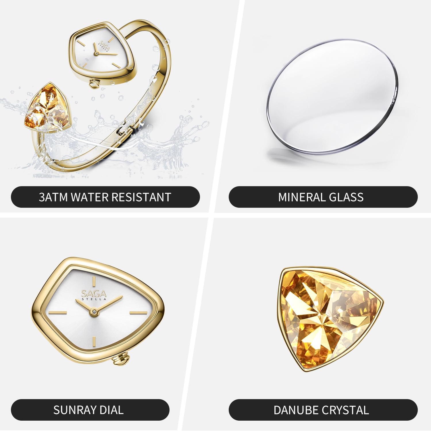 SAGA Phantom Ladies Luxury Cuff Bangle Quartz Watch, Triangular Case, Japanese Movement, 30M Water Resistant, 316L Stainless Steel Bracelet with Danube Crystals - Image 3