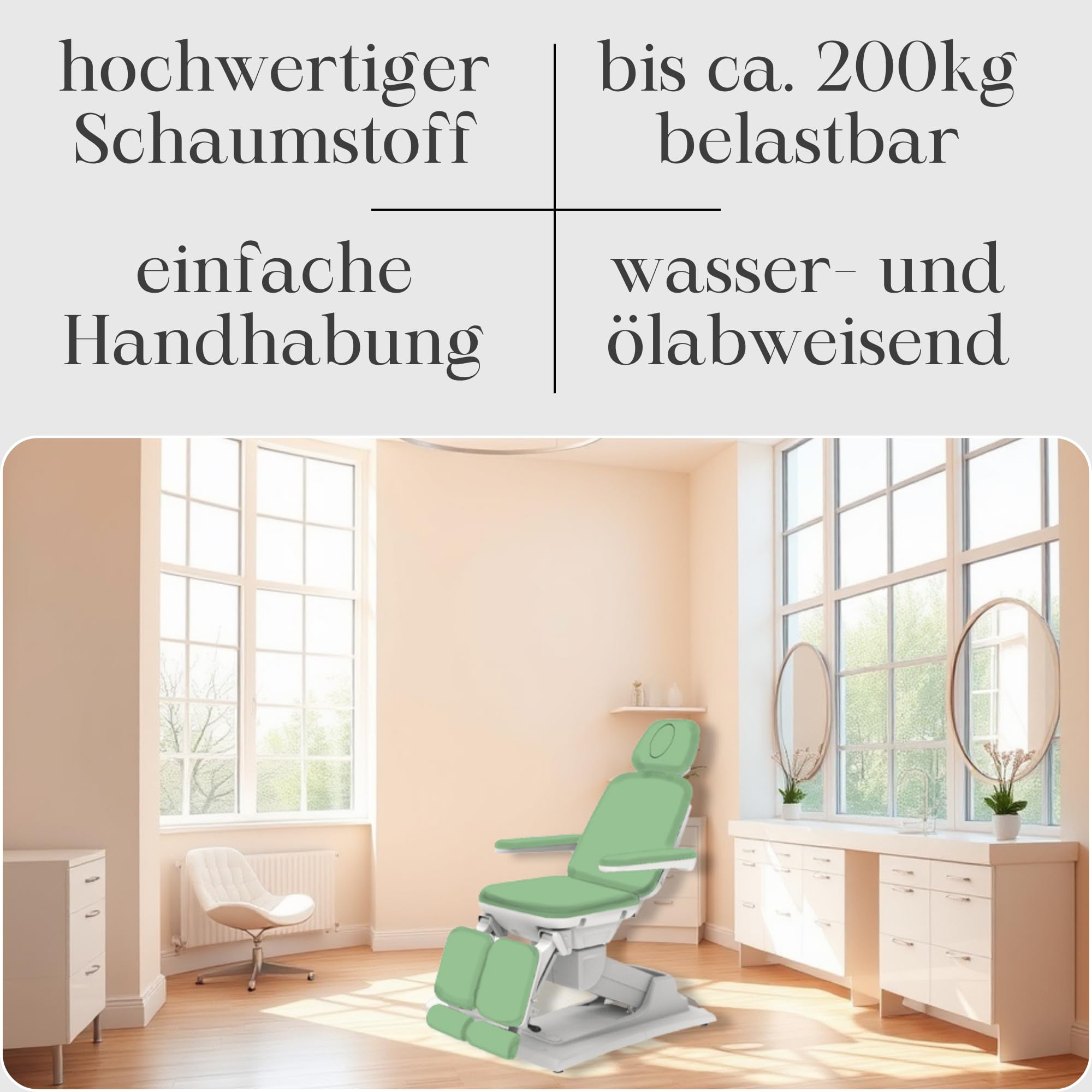 Elektrische Kosmetikliege/Kosmetikstuhl – Höhenverstellbar, belastbar bis 200 kg, mit Armlehnen und Verstellbarer Rückenlehne – Ideal für Beauty-Salons (Pastellgrün)