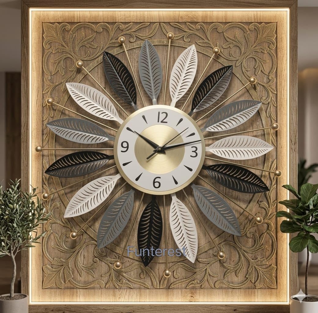 Luxury Metal Wall Clock for Living Room | Decorative Sunburst Leaf Design Wall Clock | Silent Quartz Movement | Modern Home & Office Décor (55X55 Cm) (Gold, Grey & Brown)-image-30