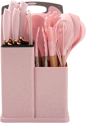 Juego de utensilios de cocina rosa de 19 piezas, utensilios de cocina de silicona, juego de espátulas no tóxicas, herramientas de cocina, tabla de