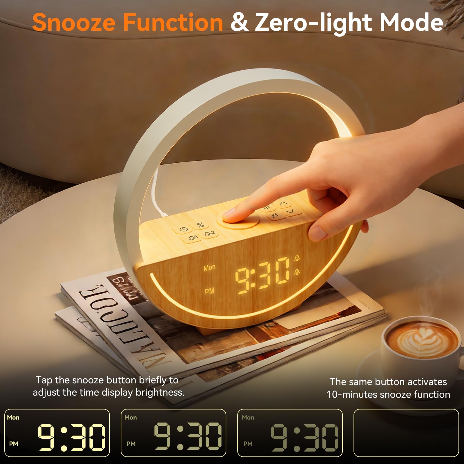 RETEYUNG Nachttischlampe mit Tageslichtwecker, Touch-Control, USB-Ladefunktion, 15 Wecktöne, 20 Naturklänge, 2 Wecker
