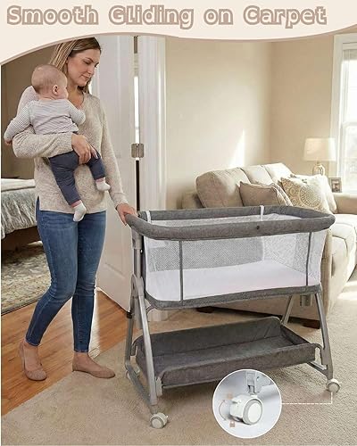 Miniatura 3 de Moisés de noche para bebé, resistente 3 en 1 con colchón y ruedas, altura ajustable, malla transpirable, cesta de almacenamiento, fácil de montar