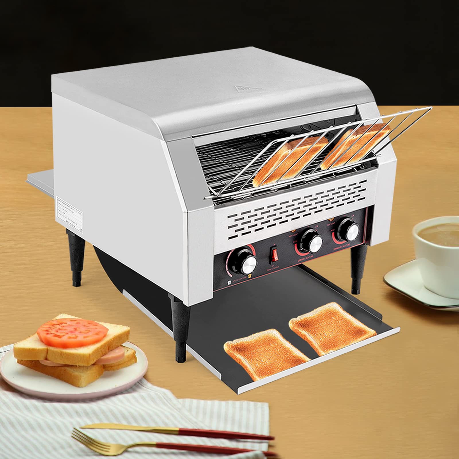 LyeXD 2600W Commercial Conveyor Toaster, 450Slices/ H Heavy Duty Stainless Steel Restaurant Toaster Oven with Crumb Tray, Electric Baking Machine for Baking Sliced Bread Toast Doughnuts