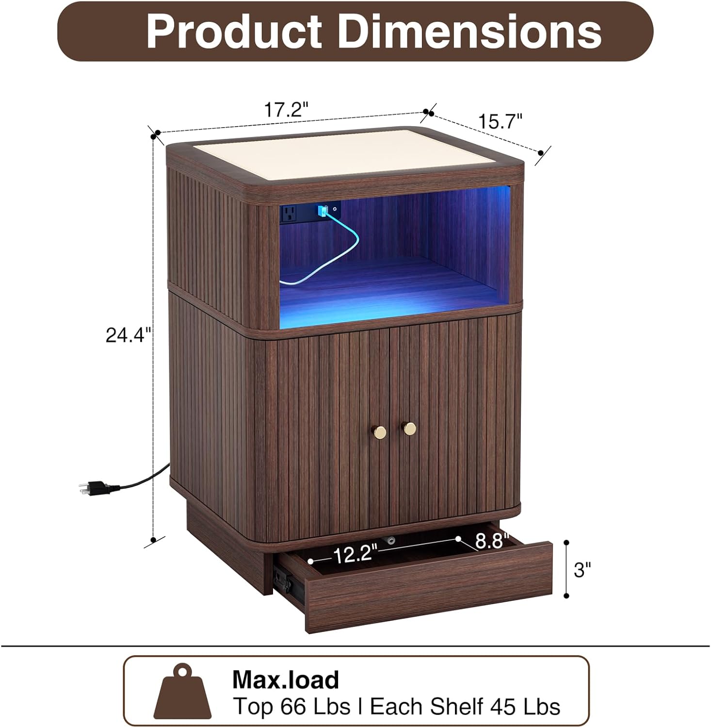 NightStand with Charging Station, Modern Night Stand with Saddle Leather Top, Smart LED, Sliding Door Cabinet and Hidden Drawer, for Bedroom, Living Room, Apartment, Dorm, Office, Walnut