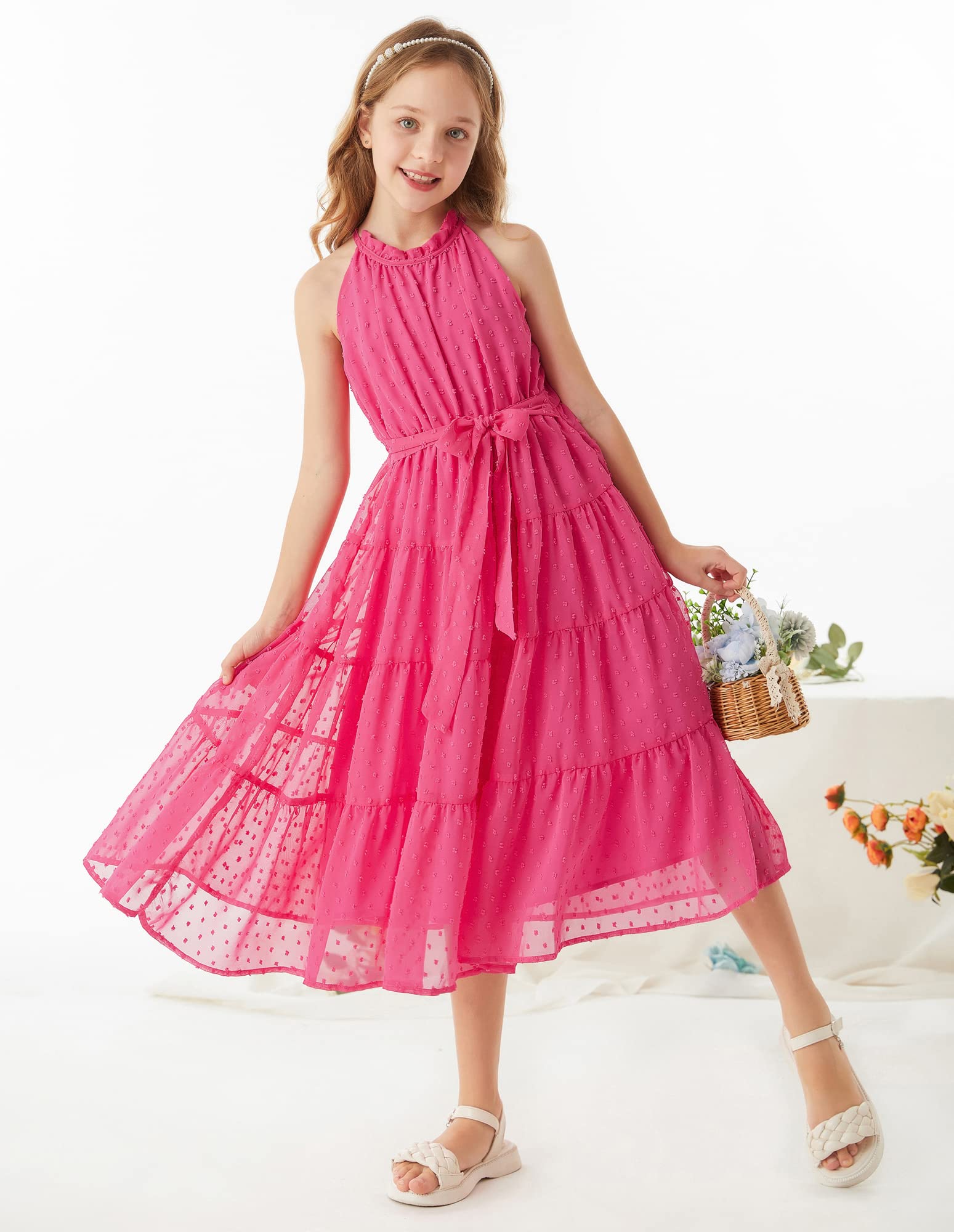 GRACE KARIN Vestido Niña Elegante Gasa Malla Escote Halter 6-12 Años