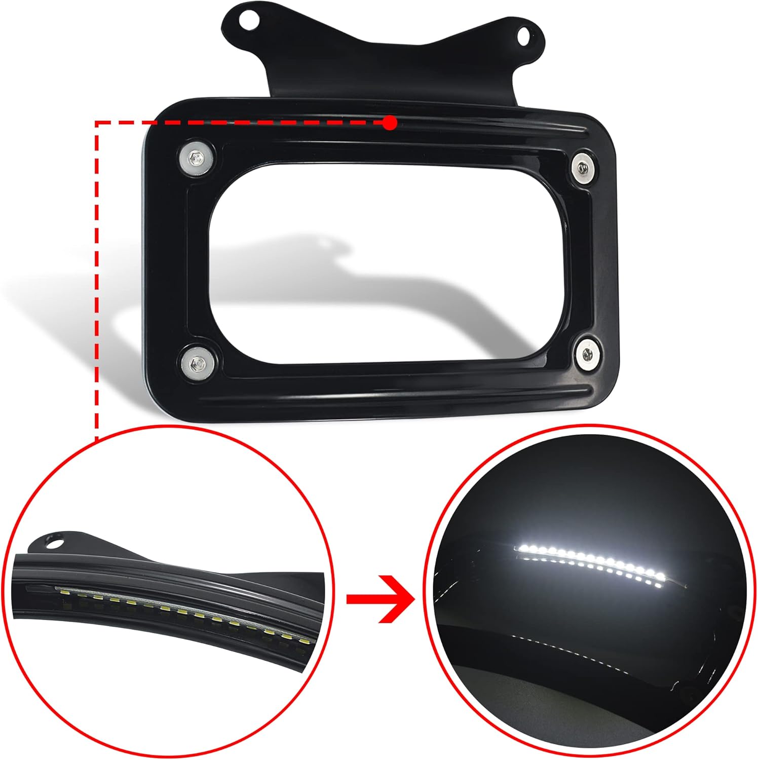 WOWTK Rear Fender Curved License Plate Frame w/White LED Lighting fits for Harley Road Glide Road King Street Glide FLHRXS, FLHX, FLHXS, FLHXST, FLTRX, FLTRXS, and FLTRXST 2010-2025, Black