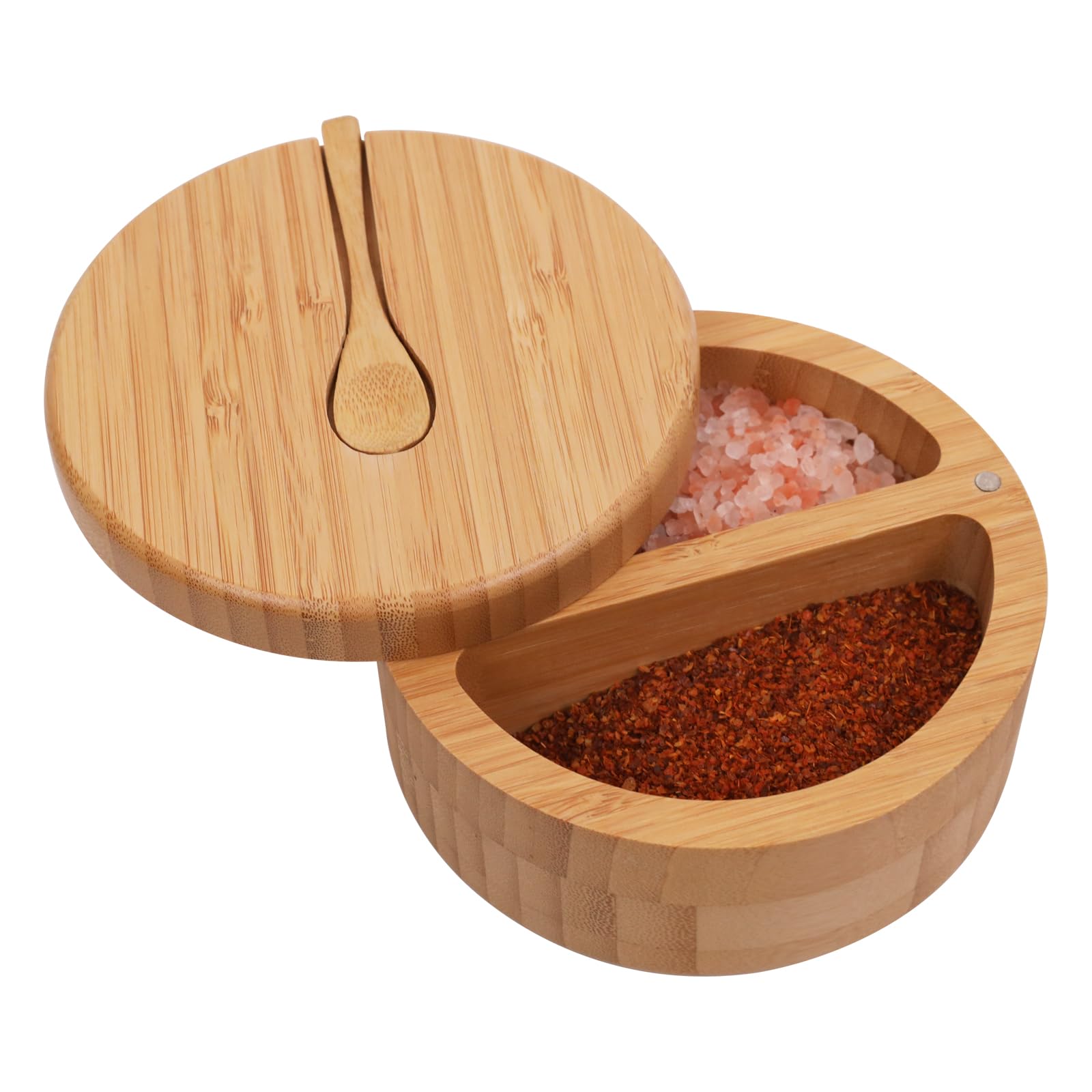 BEARDO Salt and Pepper Bowls, Bamboo Salt Cellar with Lid and Spoon, Seasoning Box Container with Magnetic Swivel Lid for Keeping Dry and Easy Access to Pepper Spice Herb Sea Salt