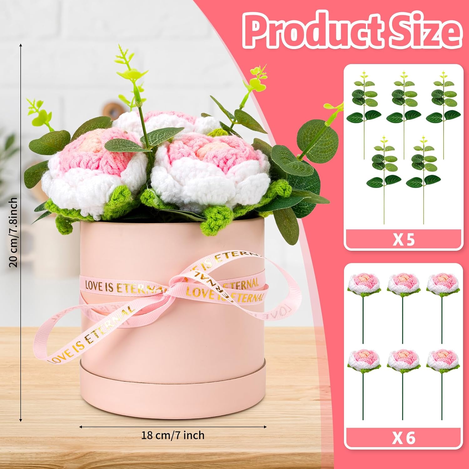 6PCS Completed Crochet Flowers Handmade Knitted Flower Bouquet Pink Rose Flowers Gift Card Bag Kit for Mother's Day Birthday Wedding Home Decor
