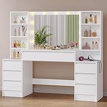 Coiffeuse avec Miroir LED Réglable en 3 Couleurs et Luminosité, Table de Maquillage avec Multiprise, Coiffeuse avec Miroir, 7 Tiroirs et 8 Compartiments Ouverts Réglables, Blanc
