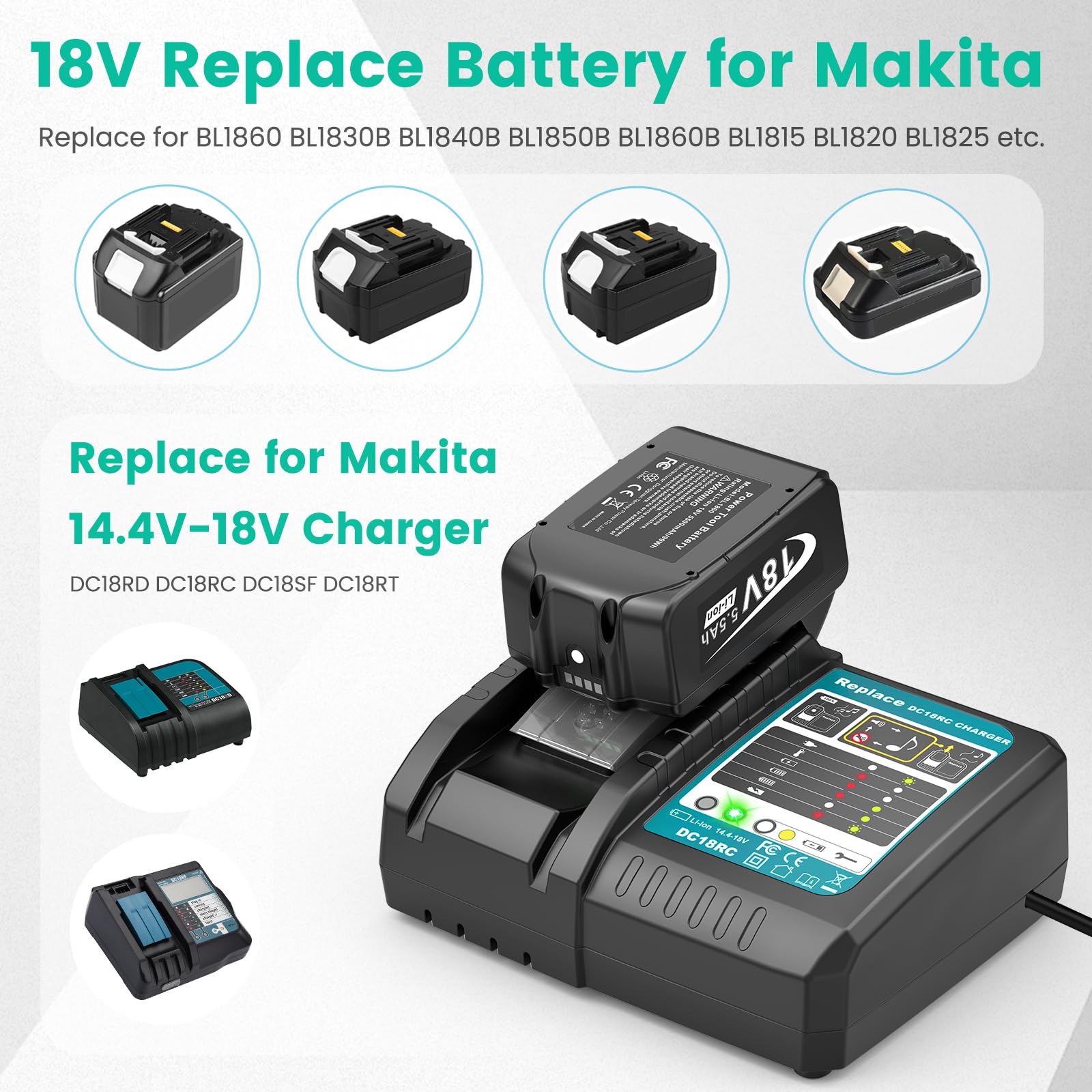 LabTEC Ładowarka 18 V z akumulatorem do Makita BL1860 BL1830B BL1840B BL1850B BL1860B BL1815 BL1820 BL1825 18 V 5500 mAh elektronarzędzi + ładowarka do Makita DC18RC DC18RD DC18SF DC18RT 118RT 4.4-1 8