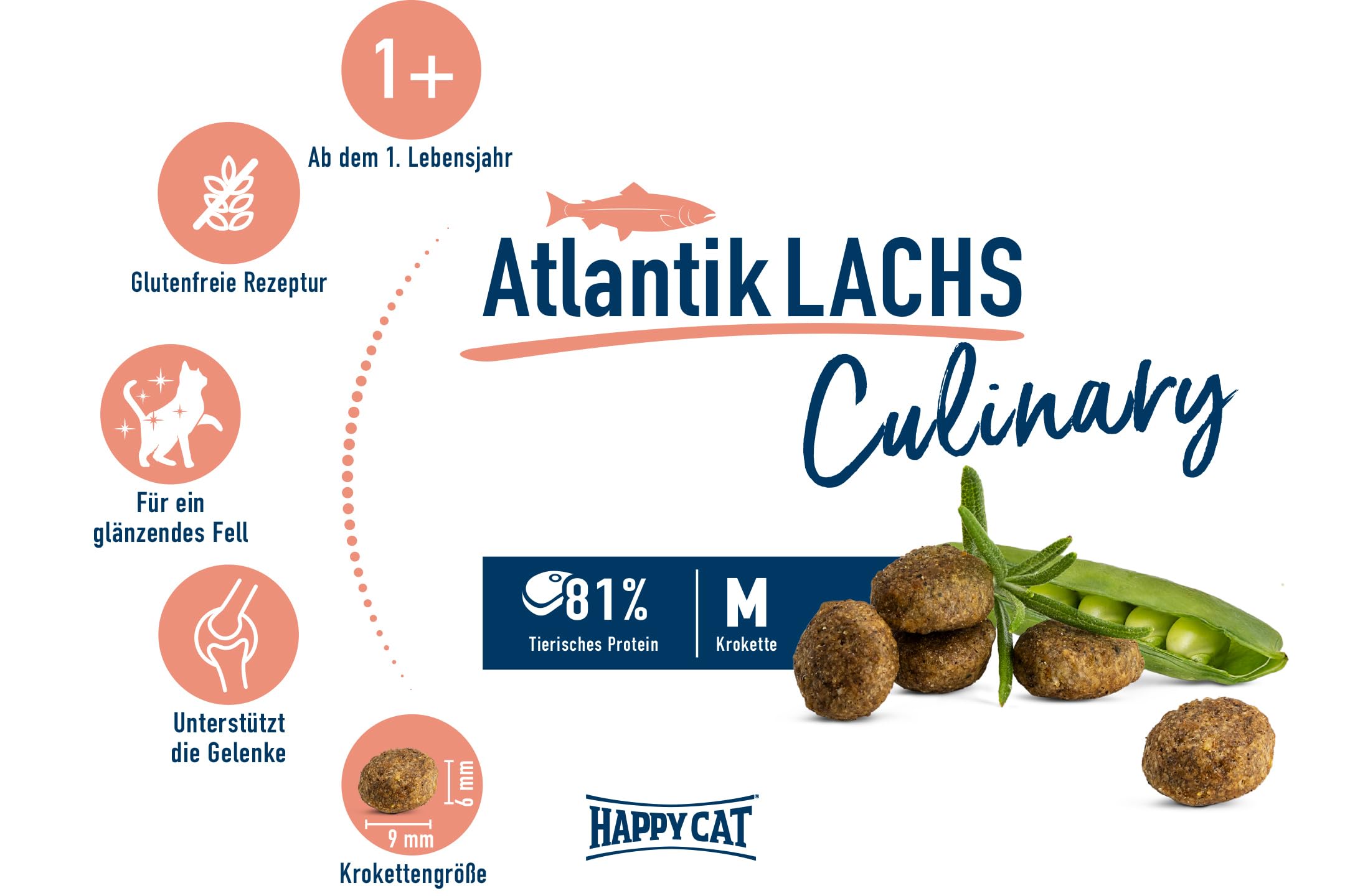 Happy Cat 70553 - Culinary Adult Atlantik Lachs - Katzen-Trockenfutter für ausgewachsene Katzen & Kater - 1,3 kg Inhalt (Packung mit 2)