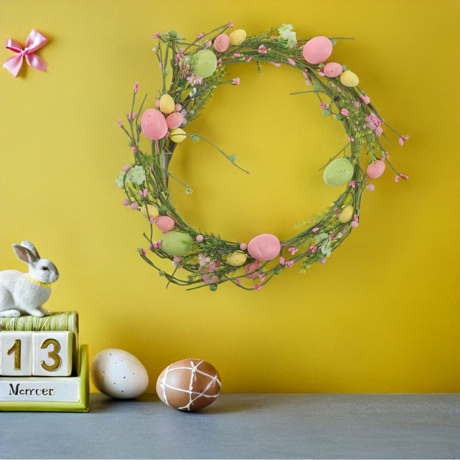 VICASKY Ghirlanda Pasquale Decorativa con Uova Primaverili e Bacche Artificiali, Ghirlanda da Appendere alla Porta per Feste e Decorazioni di Casa Interne ed Esterne, Decorazione Floreale