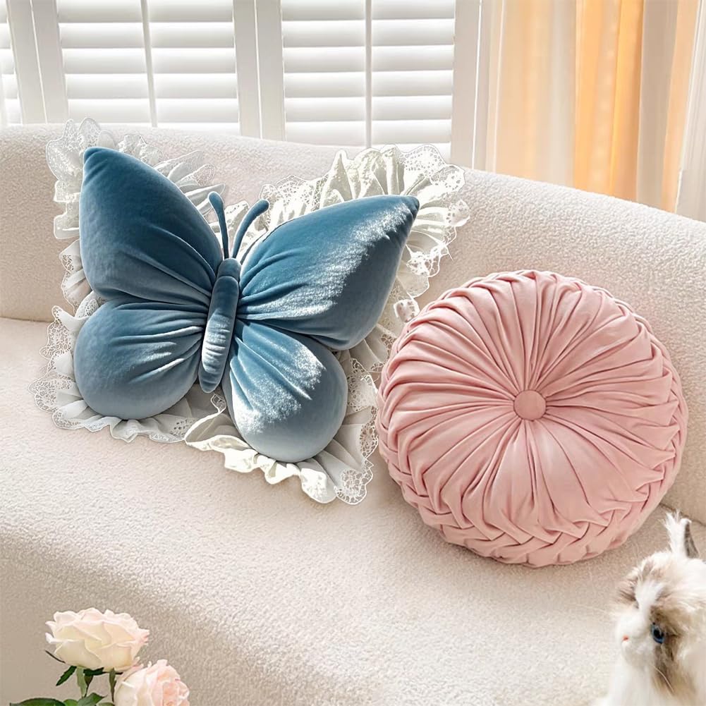 Butterfly Throw Pillow, Butterfly Shaped Decorative Pillow for Sofa Couch Bed, Plush Velvet Lumbar Support Cushion for Office Chair & Car Seat (Blue)