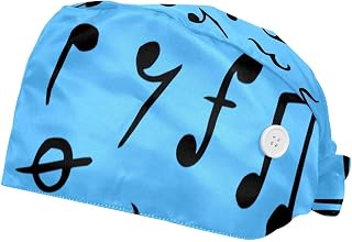 2 Pieces Working Hat with Buttons Adjustable Sweatband Bouffant Hats Unisex Tie Back Hats Musical Notes Blue Pattern