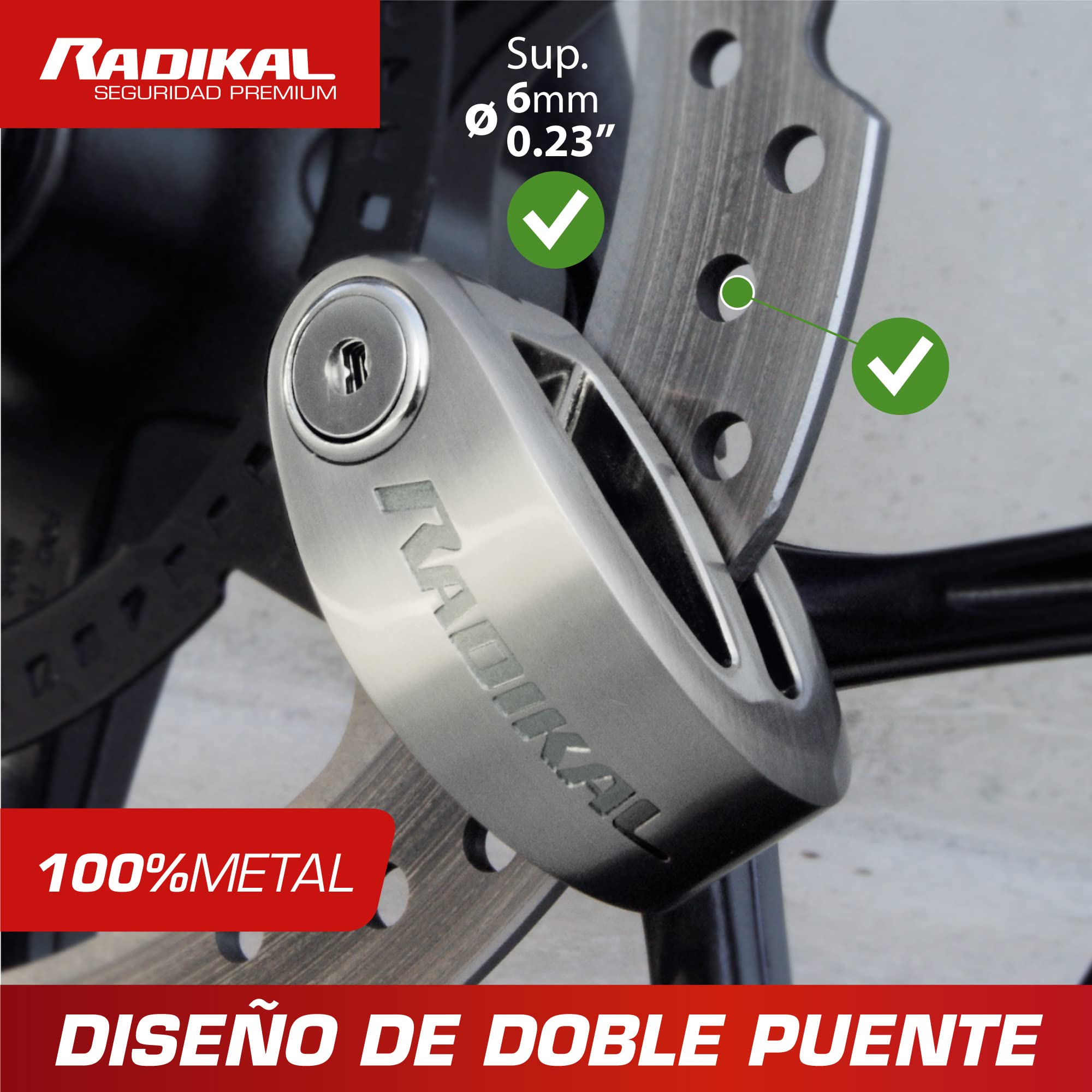 Radikal RK306S Candado Moto Disco, Diseño Más Ligero de Doble Puente, Fácil Bloqueo Click, Cerradura Anti-Ganzúa y Anti-Taladro, Antirrobo Bloqueo Pinza Freno Universal Bicicleta, Patinete Electrico