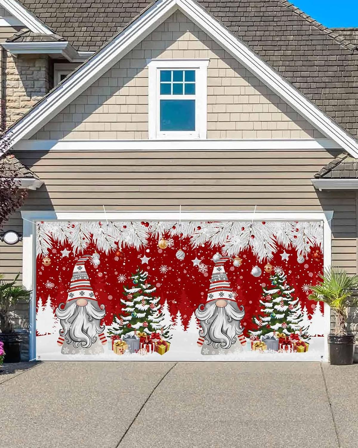 Christmas Garage Door Banner Cover Decorations,Large Outdoor Hanging Garage Door Covers Christmas Thanksgiving Halloween Wall Backdrop for Party,Winter Silver Leaf Xmas Ball Snow Gnomes 6.8x8ft