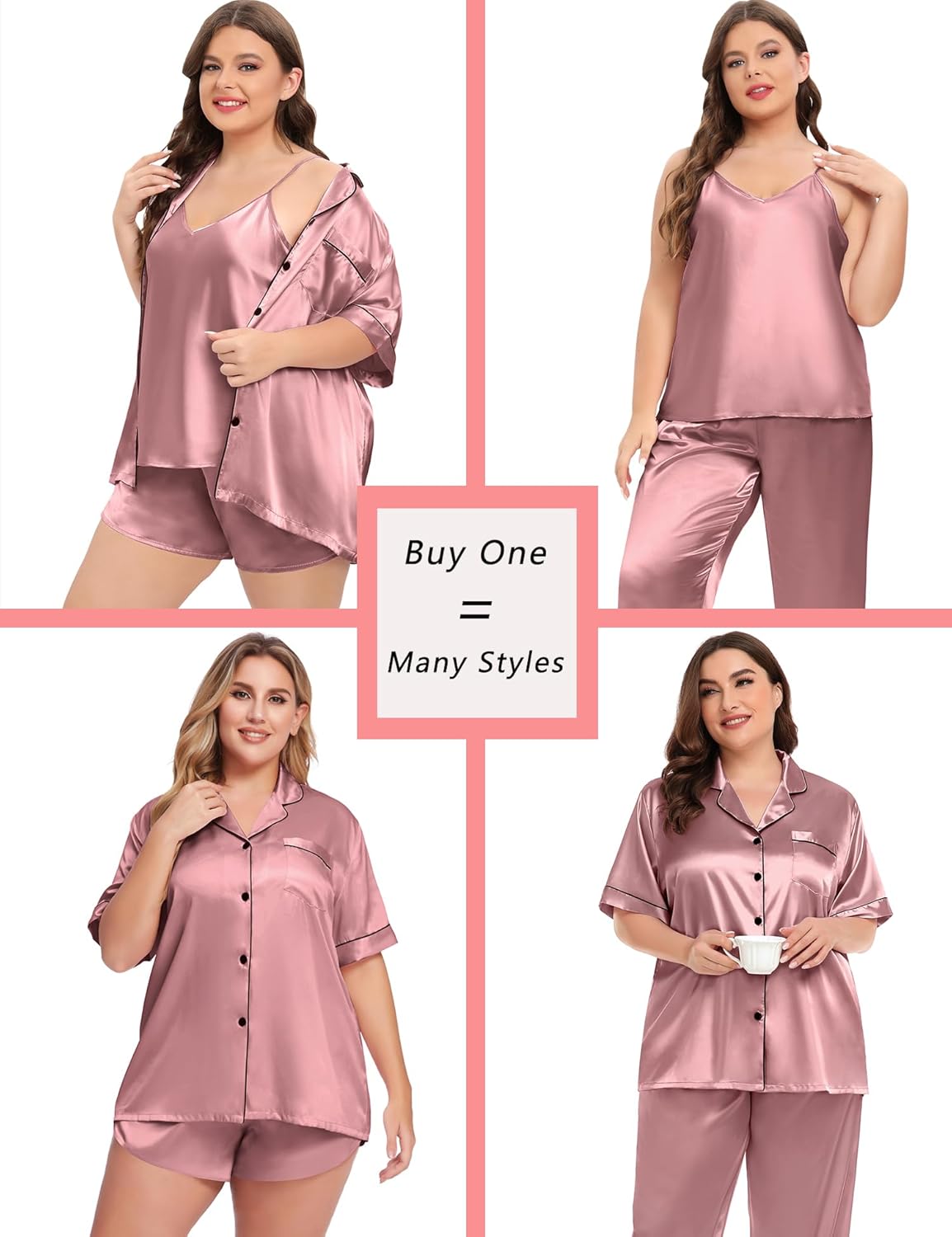 SWOMOG Women's Plus Size Pajamas Silk Satin Pajama Set Short Sleeve Shirt with Full-Length Pants Pjs Sleepwear Set 18W-26W - Image 2