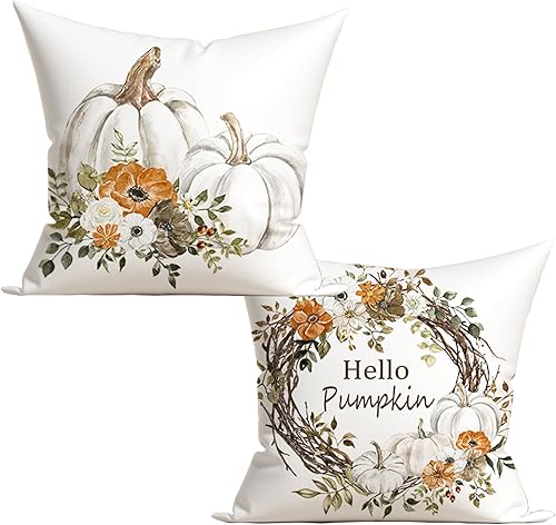 Juego de 2 fundas de almohada decorativas de otoño de 16 x 16 pulgadas, diseño de calabazas grises y blancas, flores naranjas, cosecha de Acción de