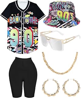80s 90s Outfit for Women, Unisex Hip Hop Costume Baseball Jersey Shirt Yoga Pants Bucket Hat Gold Chain Rapper Accessories