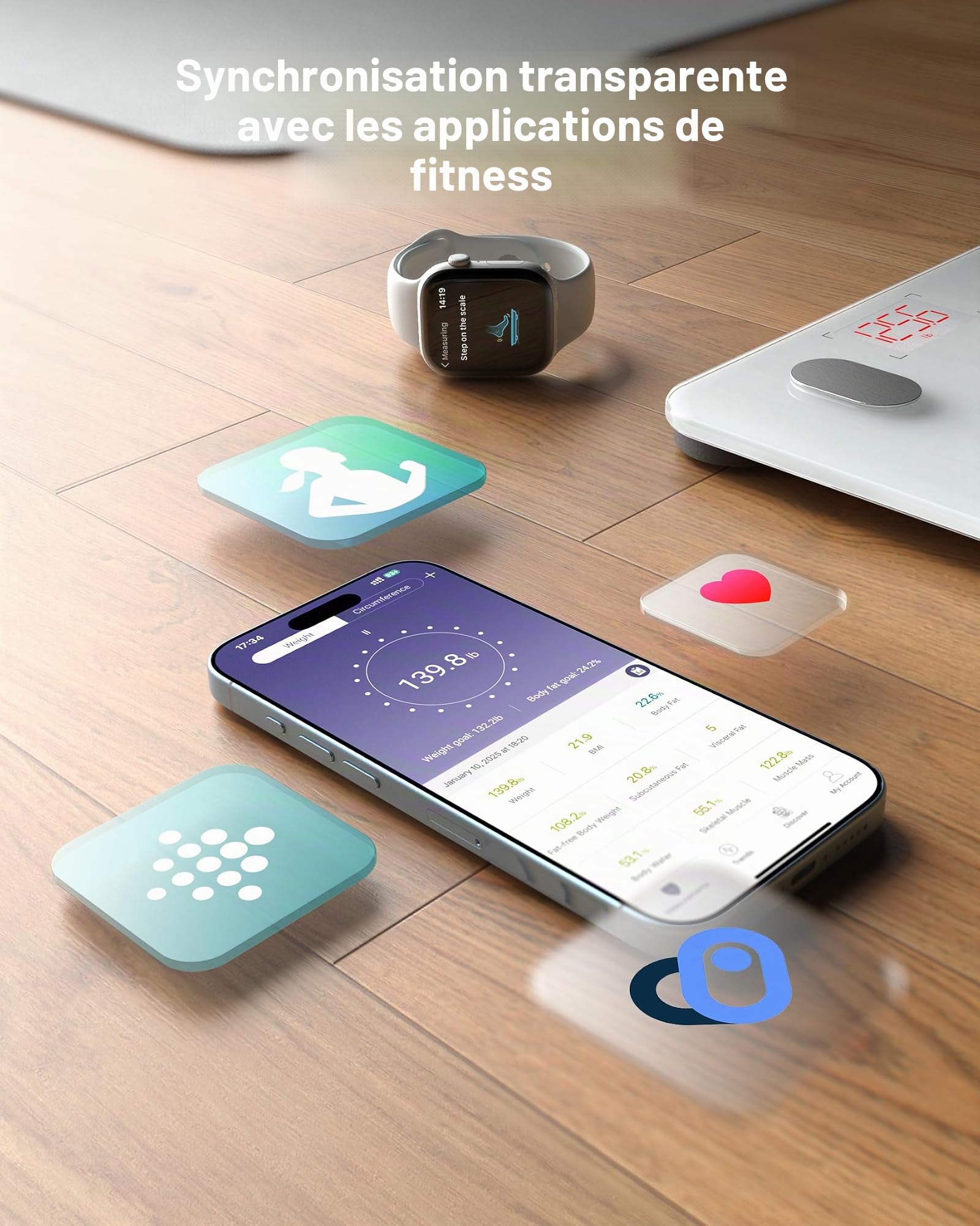 Pèse Personne Impédancemètre, FITINDEX Balance Connecté, Pèse-Personne Bluetooth Balance Salle de Bains Impedancemetre avec 13 Données Corporelles (BMI/Muscle/Graisse Corporelle/Masse Osseuse), Blanc