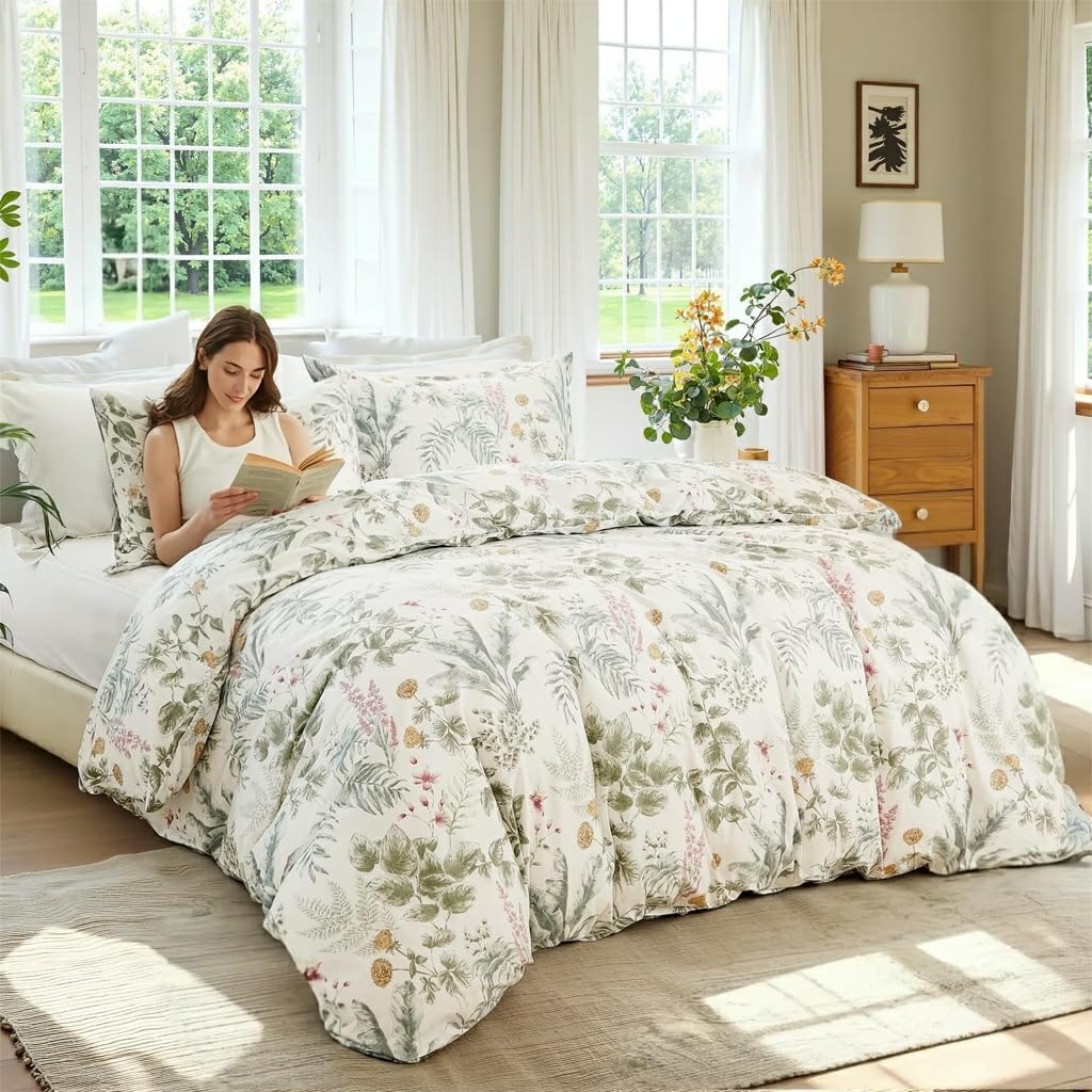 100% Cotton Comforter Queen Size Green Floral Bedding Set Reversible Botanical Comforter Set 3 Pcs Cottagecore Aesthetic Soft Bedding Sets for All Season