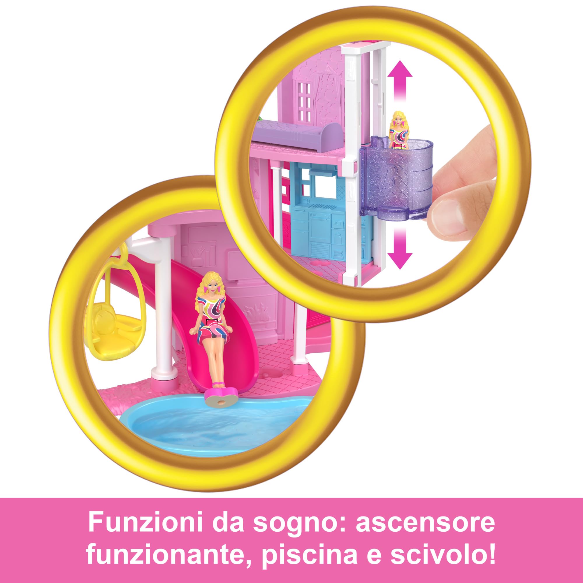 Barbie Mini BarbieLand - Mini Casa dei sogni 1, playset con bambola Barbie da 3,8 cm a sorpresa, mobili, accessori, ascensore e piscina inclusi, giocattolo per bambini, 4+ anni, HYF45