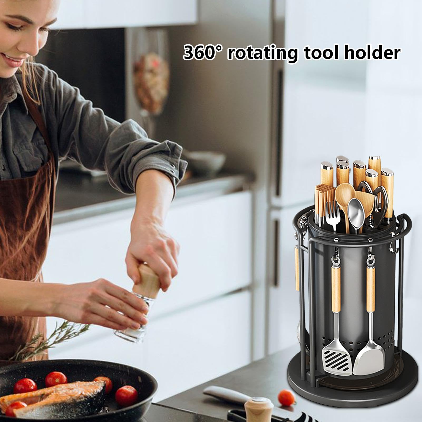 Organiseur de cuisine à 360 degrés, support rotatif pour coupe, support de rangement pour argenterie, organisateur d'ustensiles rotatif, toupie d'ustensiles de cuisine, support de spatule, support de | rangement pour argenterie, organisateur d'ustensiles