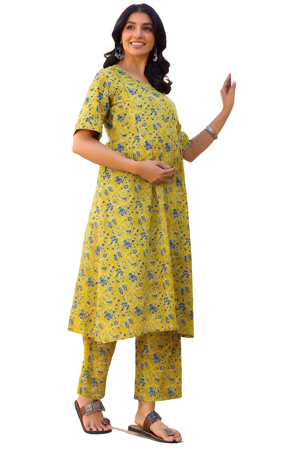 klubbies Maternity Kurta Set with Palazzo, Yellow Floral Print, Cotton, Comfortable Fit for Pregnancy-picture-11