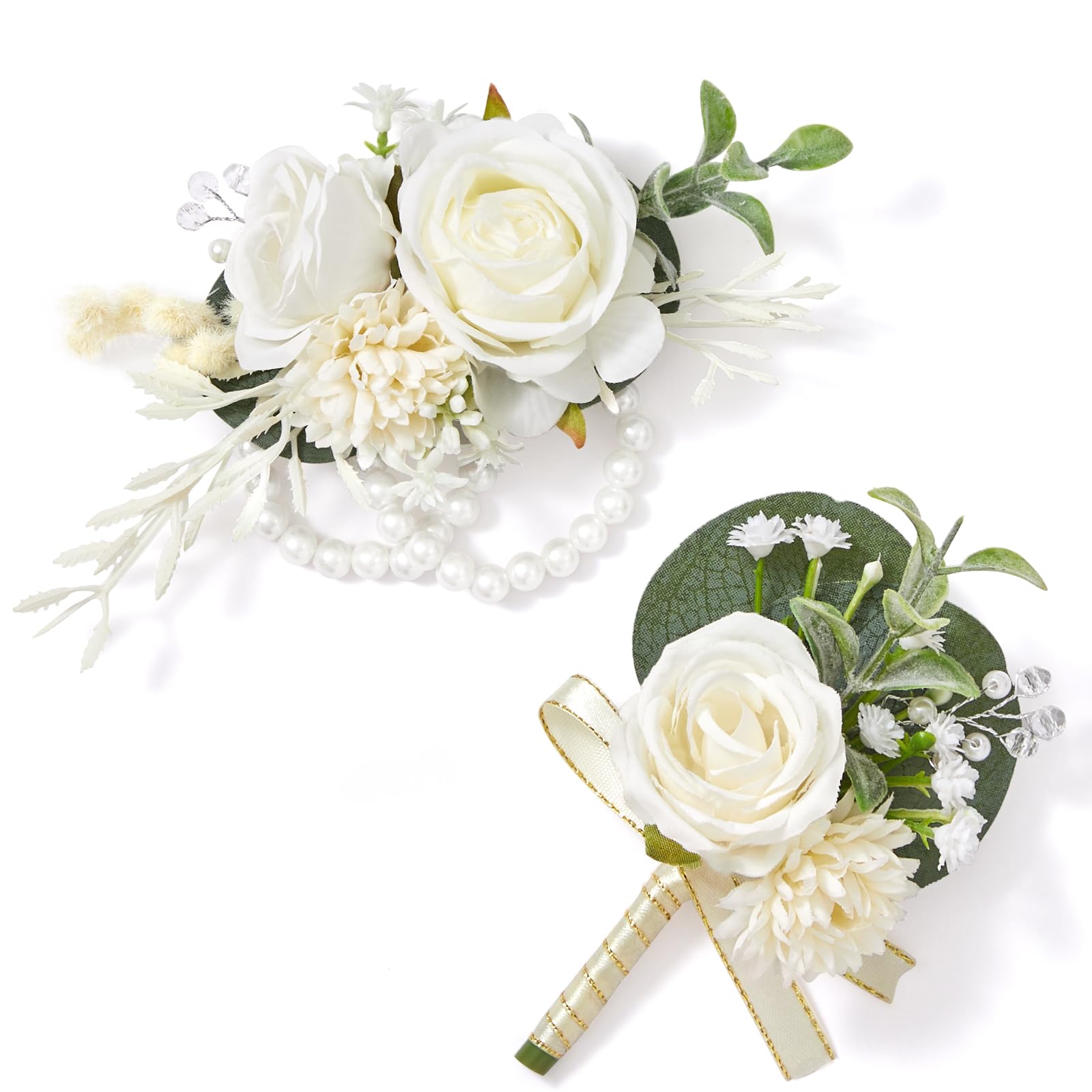 Boutonnière de mariage et corsage poignet blancs Serwalin pour accessoire costume et bal
