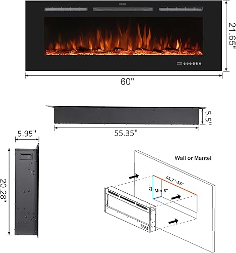 Miniatura 2 de Benrocks Insertos de chimenea eléctrica de 60 pulgadas, calentador eléctrico empotrado y montaje en pared y chimenea lineal con control remoto,