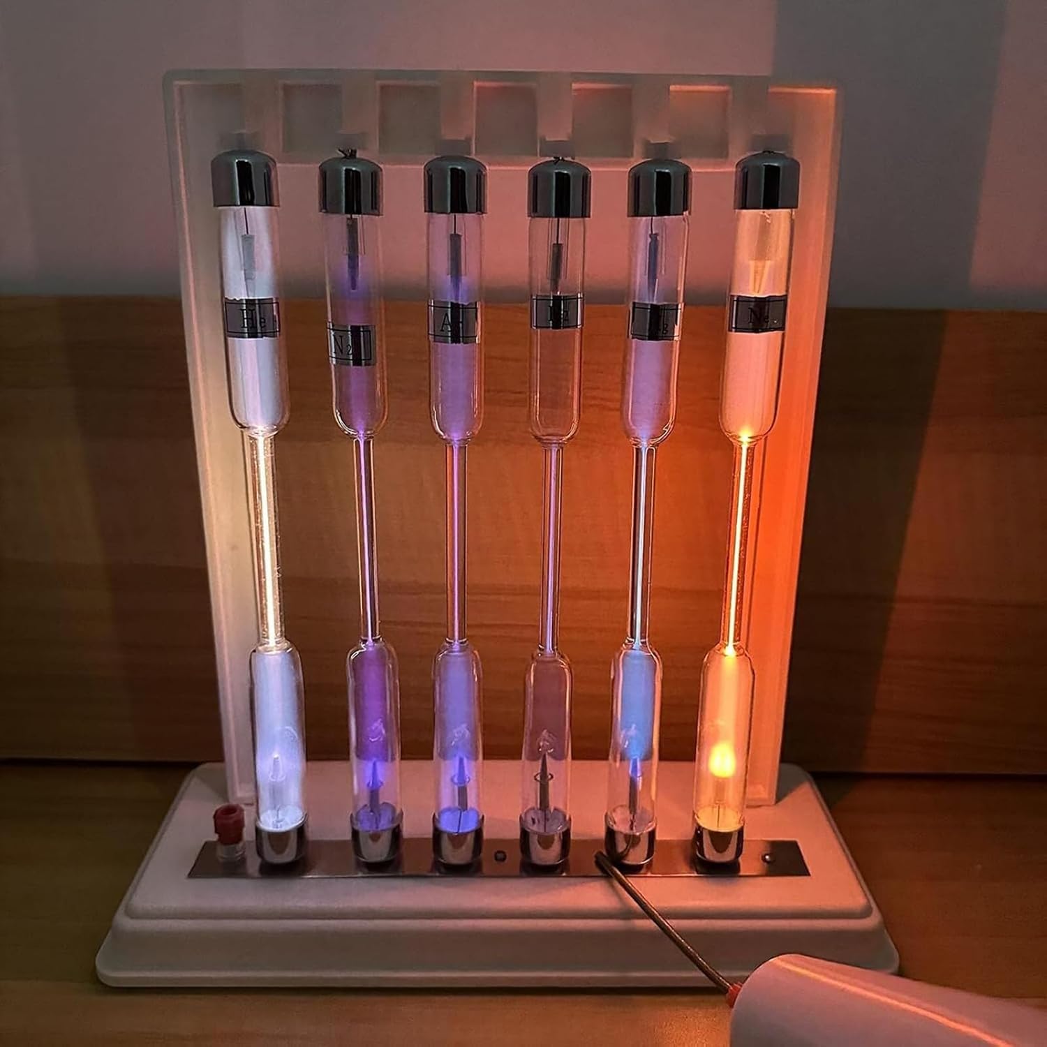 6er-Set Edelgas-Glasröhren, Spektralentladungsröhren, mit Ständer, Edelgas-Leuchtdemonstrationsset, für den Chemie- und Physikunterricht