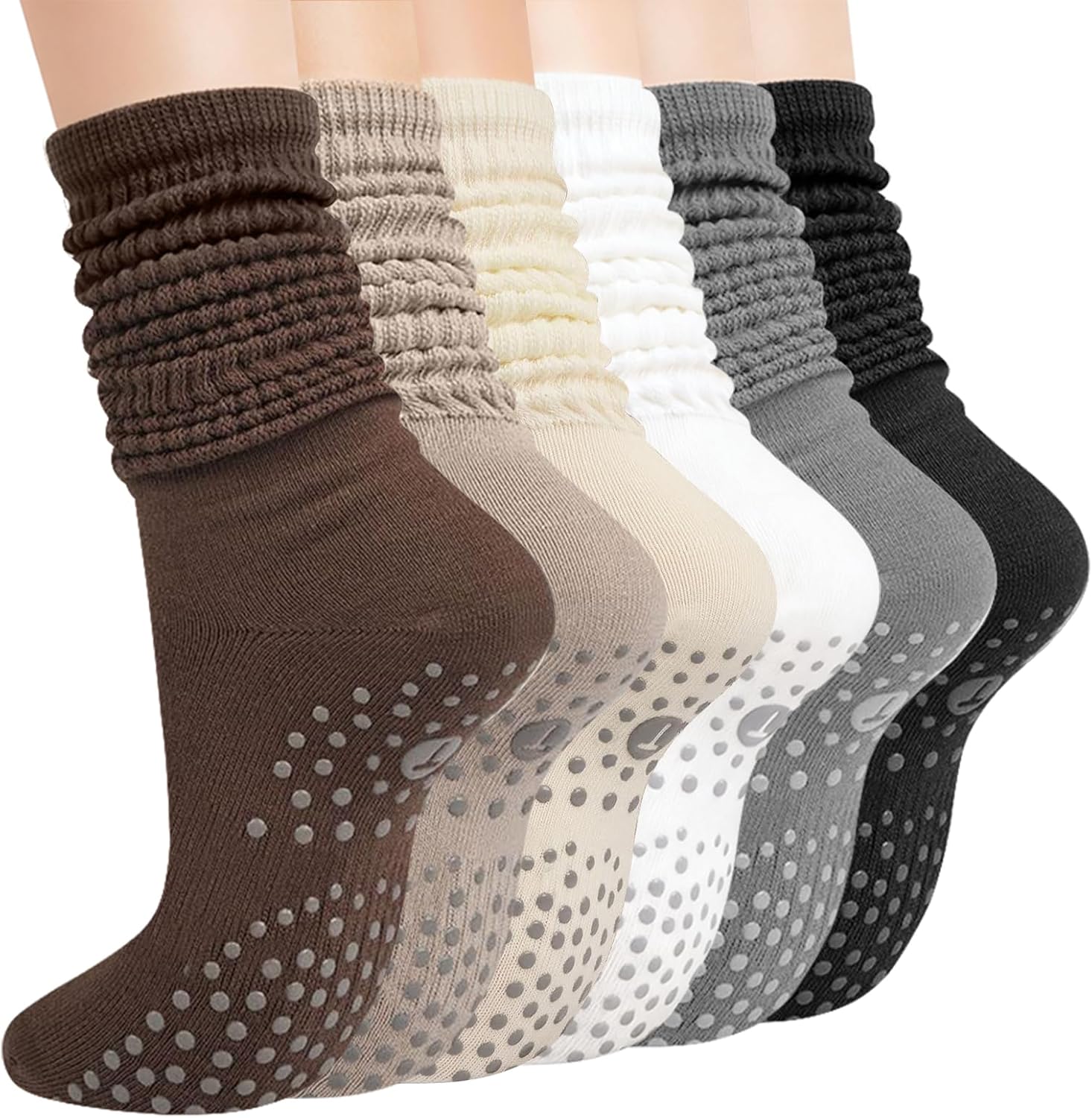 6 Pairs Grip Pilates Socks for Women, Non Slip Slouch Scrunch Socks Yoga Barre Workout Boot Fall Winter Slouchy Sock for Hospital Gym Christmas